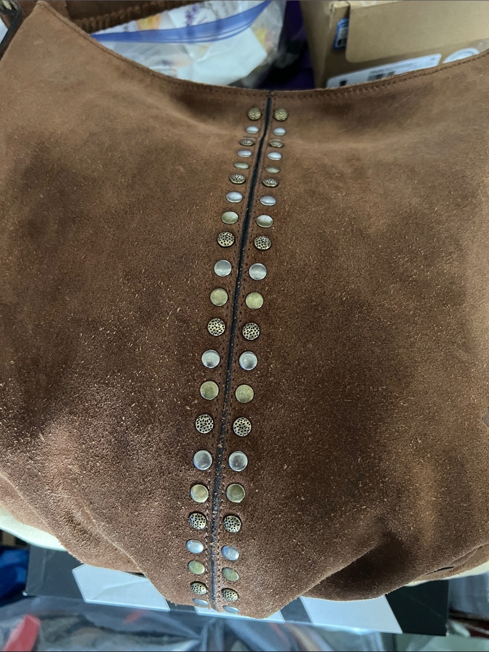 Patricia Nash Women’s Bello Cognac Suede Shoulder Hobo Bag Purse Studded Zip - Picture 16 of 16